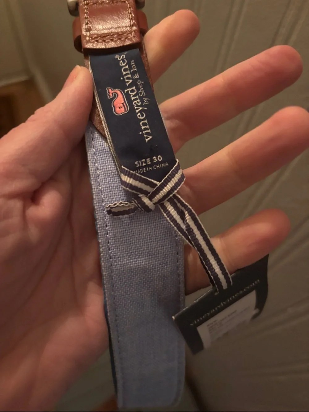 NWT Vineyard Vines Teal Webbed Belt with Brown Leather Trim